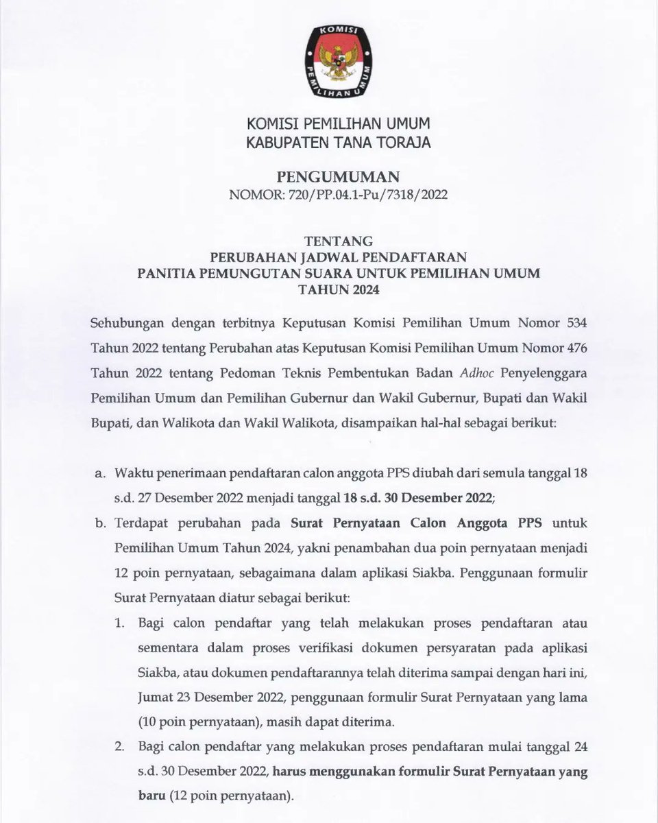 KPU_Toraja's tweet photo. #TemanPemilih , KPU Kabupaten Tana Toraja mengumumkan perubahan Jadwal Pendaftaran PPS yaitu mulai tanggal 18 s.d 30 Desember 2022.

#KpuMelayani
#PemiluSerentak2024 https://t.co/HPXEv5bXcn