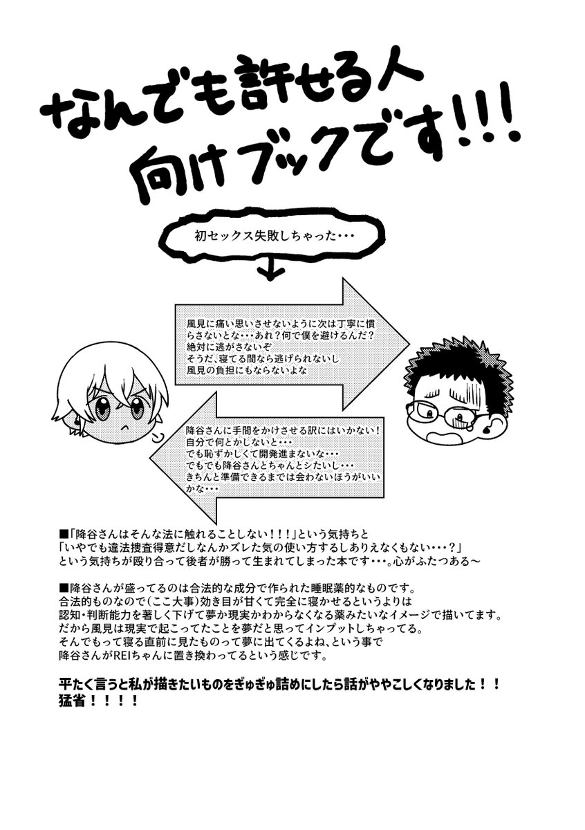 1/8インテで頒布予定の降風🔞のサンプルです!
ツリーに部数アンケぶら下げているのでご協力いただけるとありがたいです・・・!🥺

■A5/58P/¥600(会場頒布価格)予定 