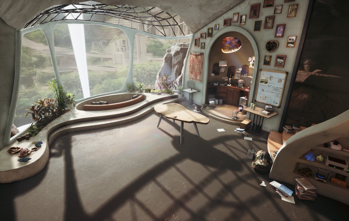 After we sent the colour concepts through to the 3D team we got some first looks at the space rendered out 👀

Here’s an angle looking out the window of the Alchemist study!