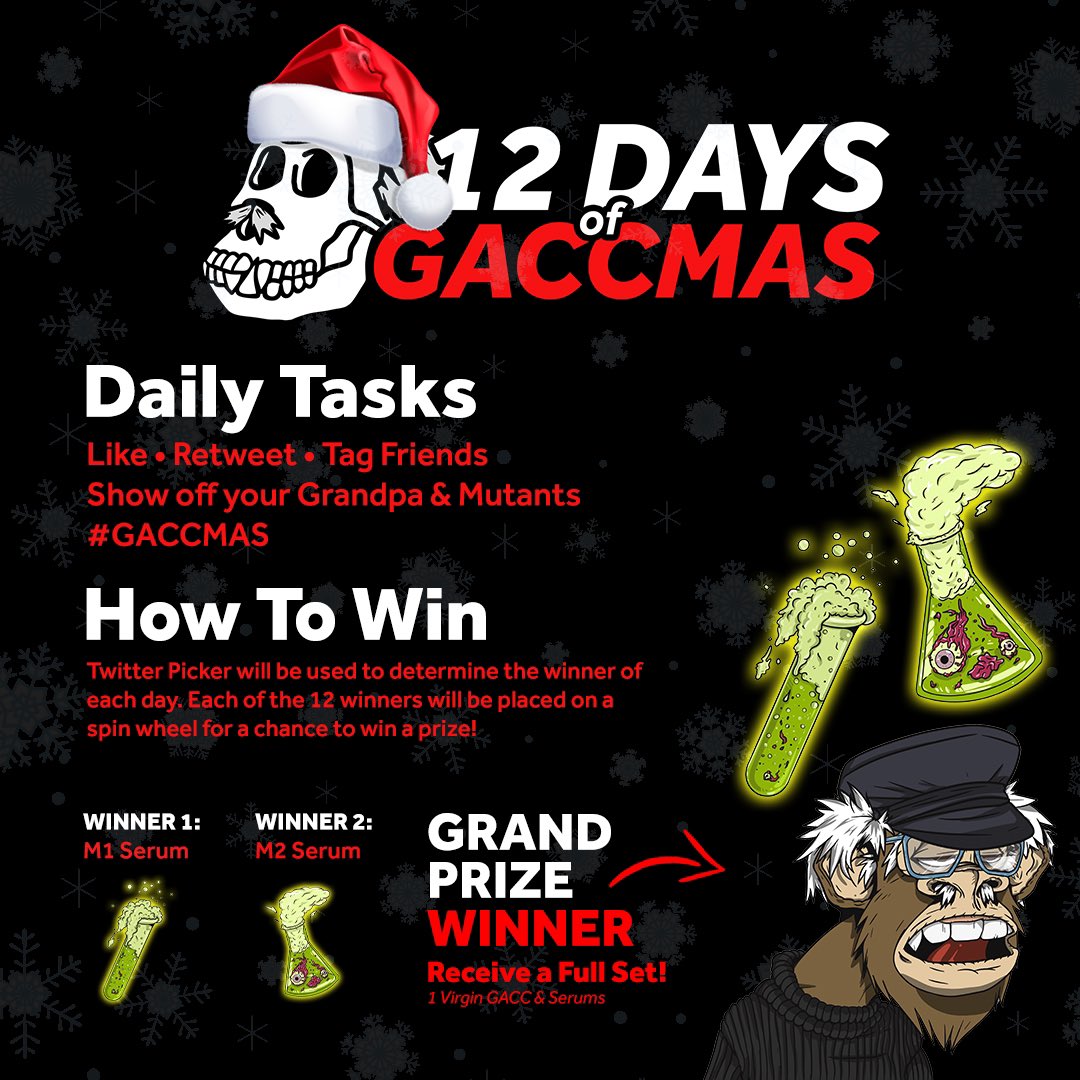 GrandpaApeCC's tweet photo. 🎄12 Days of GACCMAS🎄

We are counting down to GACCMAS! 12 days, 12 contestants! 3 winners will receive #Serums and #NFTs at the #GACCMas #DJParty all winners receive a sticker pack!

To enter:
✅Follow @GrandpaApeCC
✅Like &amp; RT
✅Tag frens

#Discord for more info https://t.co/vhAlu6jV2W