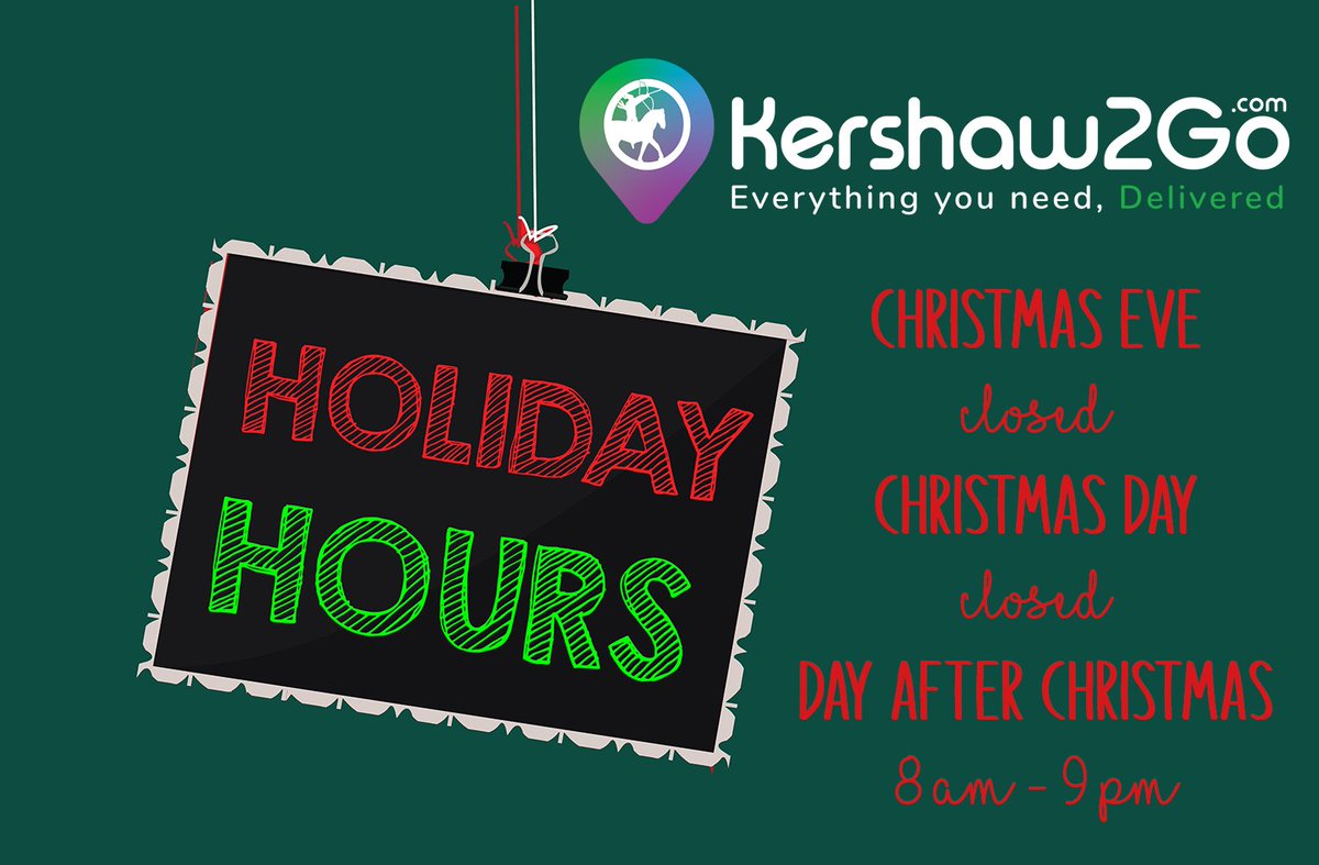 Kershaw2Go will operate with the following holiday hours over the next couple of days.  We look forward to seeing everyone on December 26 when we return to normal hours. Merry Christmas and Happy Holidays.

#kershaw2go #kc2go #kcdelivers #holiday