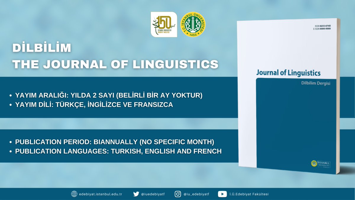 12-) Dilbilim/The Journal of Linguistics

Dilbilim Bölümümüz tarafından çıkarılan ''Dilbilim Dergisi''ne aşağıdaki linkler üzerinden ulaşabilirsiniz.
 
iupress.istanbul.edu.tr/tr/journal/jol…

iupress.istanbul.edu.tr/en/journal/jol…