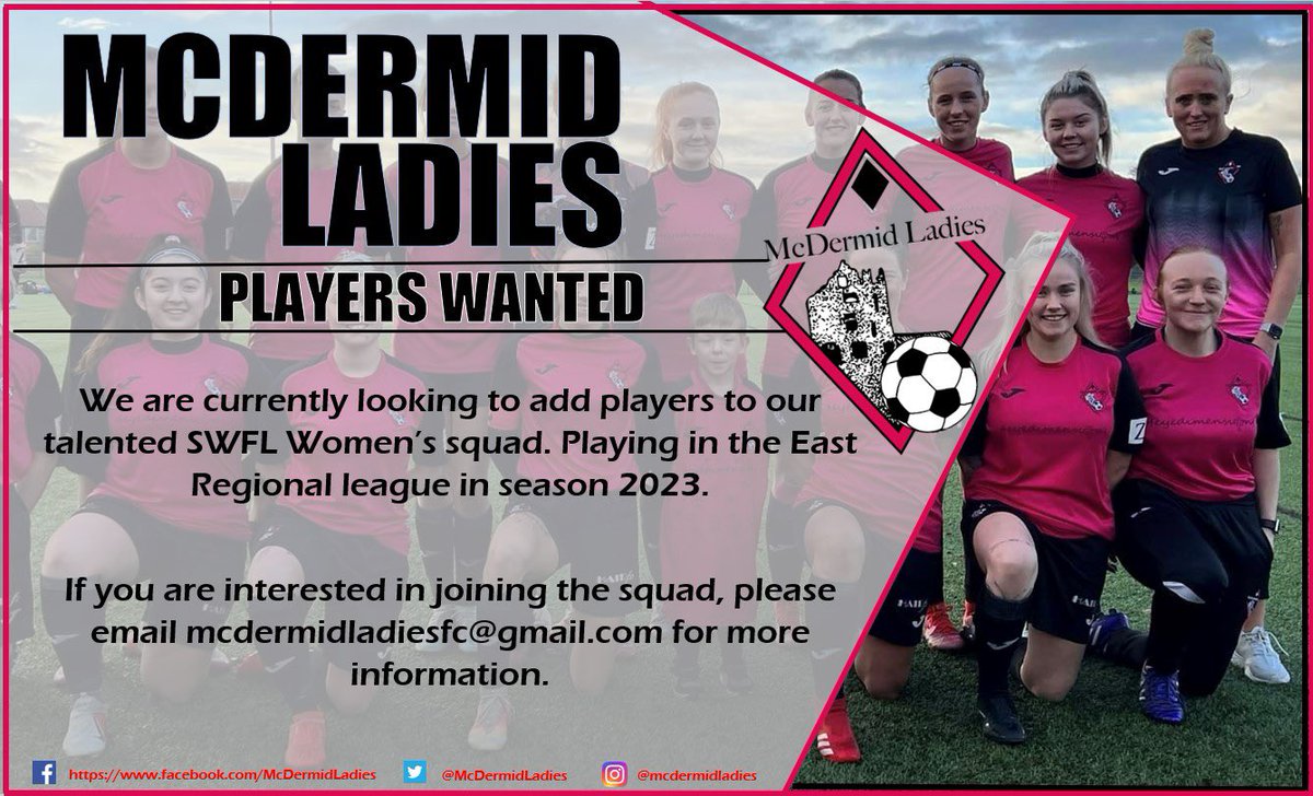 Looking for a new team and new challenge in the New Year? McDermid Ladies have spaces available in the squad with games being played in Fife and Edinburgh region. 

Get in touch for more information ⚽️🤍