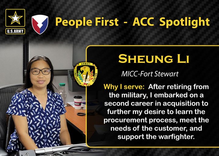 This week's #ACCSpotlight is Sheung Li from MICC-Fort Stewart where she serves as a team leader working independently on contracts with varying complexities. Learn more about her at facebook.com/army.micc. 
#MeetYourArmy #PeopleFirst #SoldierforLife