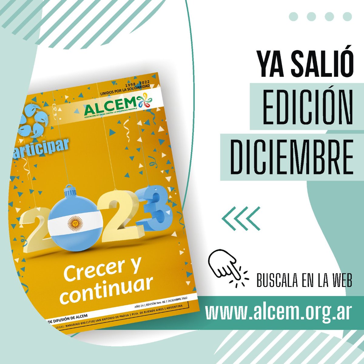 ALCEMok's tweet photo. ¡La última del año! ¡Salió la REVISTA PARTICIPAR de diciembre!
Vas a encontrar notas de médicos especialistas, artículos de interés, la historia de vida y toda la información y las imágenes de los últimos eventos que realizamos. 
 compartila desde nuestro sitio web https://t.co/5jk9eM5zBa
