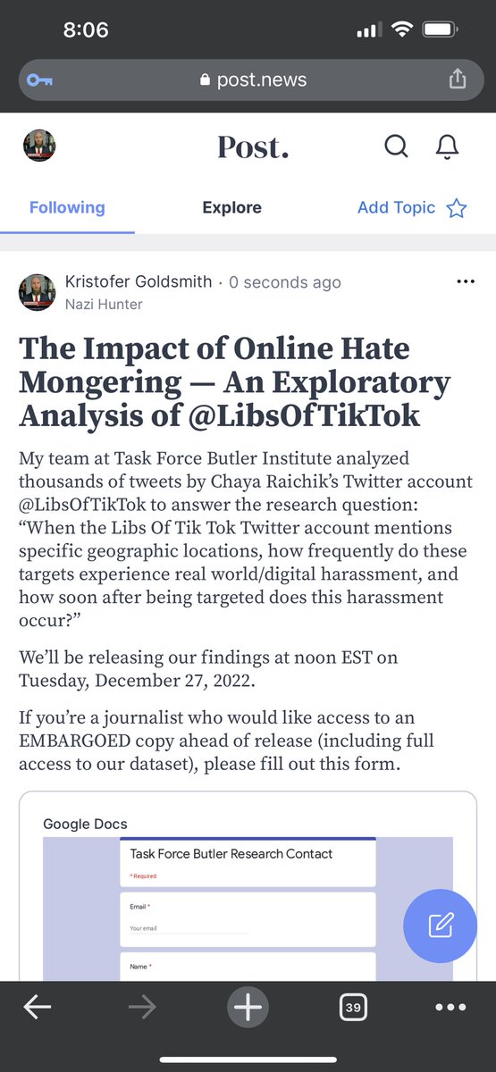 Veterans at <a href="/TeamTFButler/">Task Force Butler</a> analyzed Chaya Raichik’s LoTT tweets and the real-world events that follow.

We’ll release our findings 12pm EST on Tuesday, 12/27/2022.

Journalists who want EMBARGOED data set + report, please fill out the form. 

docs.google.com/forms/d/e/1FAI…