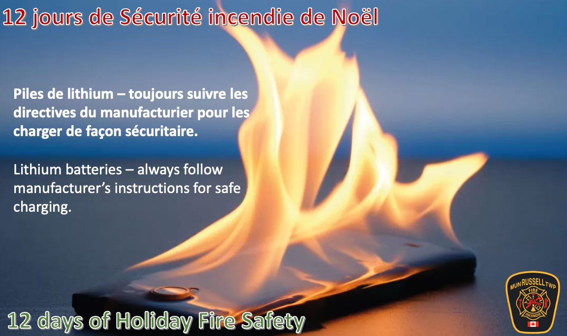 12 JOURS DE SÉCURITÉ INCENDIE DE NOËL
Jour 12- Piles de lithium

12 DAYS OF HOLIDAY FIRE SAFETY
Day 12- Lithium batteries

#firesafety #12daysofchristmas #firedepartment #sécuritéincendie