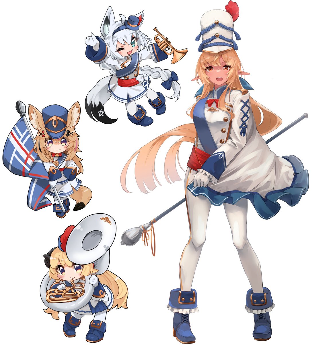 shirakami fubuki ,shiranui flare multiple girls trumpet blonde hair fox girl fox ears white hair animal ears  illustration images