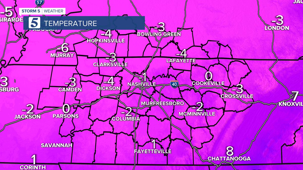 NC5_LelanStatom's tweet photo. The official temperature in Nashville has dropped below zero for the first time since Feb. 5, 1996. The record for today is -8° set in 1989. We'll see a high around 12° this afternoon. #Storm5Weather #tnwx #kywx #ArcticBlast #CrazyCold https://t.co/A9Kj7fBfRN