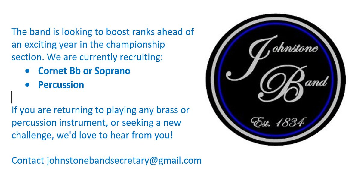 The band is looking to boost ranks ahead of an exciting year in the championship section. Currently recruiting: Cornet Bb or Soprano  Percussion  We'd love to hear from you 🎼🎺 #brassband #johnstone #renfrewshire #cornet #percussion