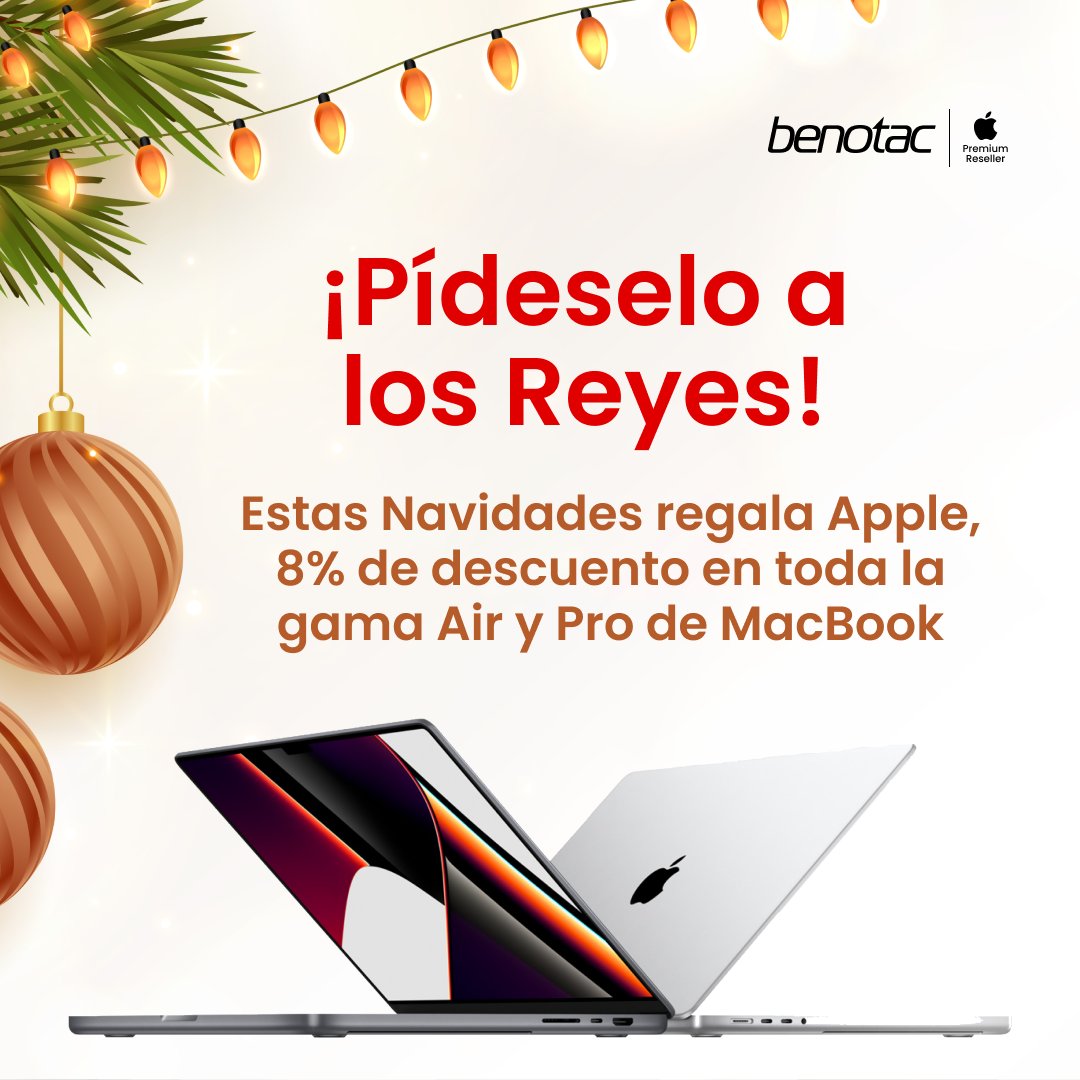 Benotac's tweet photo. ¿Sigues sin saber que puedes regalar? 🤔💻 Con esta oferta vas a ser el rey o la reina de las Navidades🎄👑 ¡Aprovecha esta promoción para dar en el blanco! 🎯

#MacBook #Sales #holiday #Christmas2022 #shopping #gift https://t.co/gVVDs4u2Fs