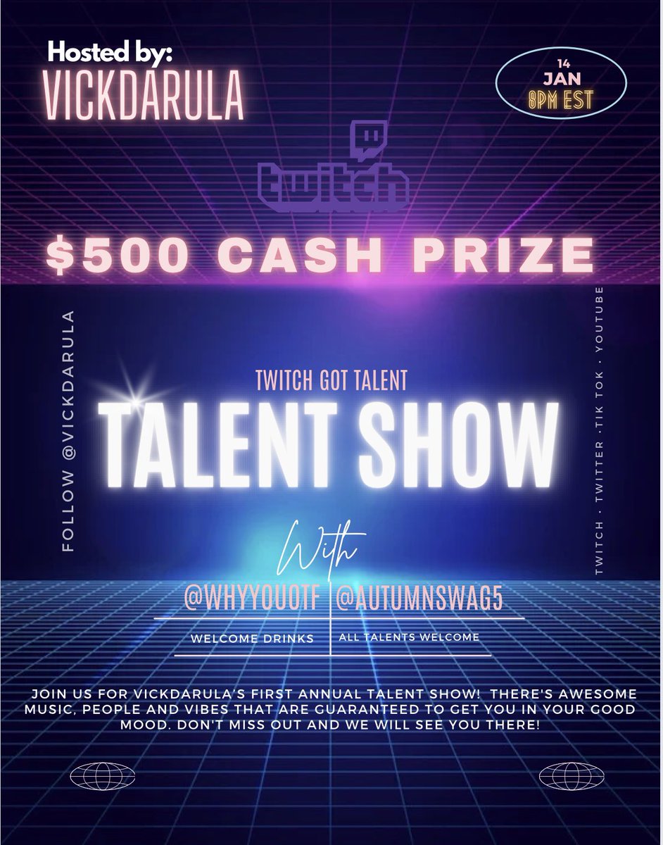 Mark your calenders!✅️🗓 Jan 14🗓✅️ i will be hosting my 1st Talent show on Twitch along with my co-hosts <a href="/AutumnSwag5/">An Emotional LifeLine</a> and <a href="/WhyYouOTF/">William Dykespeare ✍🏽💯</a>! Winner takes home💵 $500!!! Must have access to discord!!! ⏬️⏬️To enter the contest click link below ⏬️⏬️ 

docs.google.com/forms/d/1QrYQo…