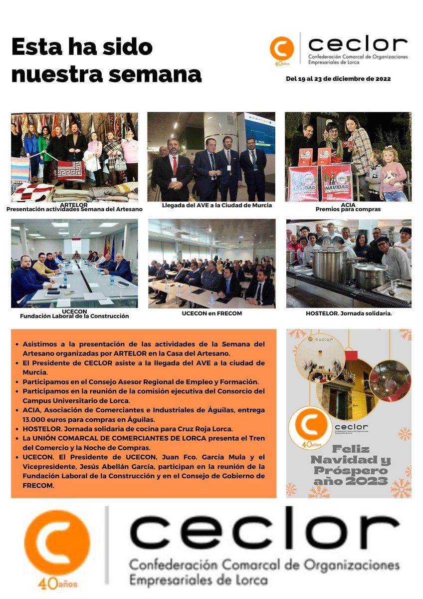 CECLOR_'s tweet photo. 📷Resumen de nuestra semana:

✅Presentación de actividades Semana del Artesano por #ARTELOR

✅Nuestro Presidente @juan_jodar asiste a la llegada del AVE a Murcia

✅@AciaAsoc entrega premios para compras en Águilas

✅Jornada solidaria de @Hostelor @CruzRojaLorca

👇Y mucho más https://t.co/0Rs7qWa1w8