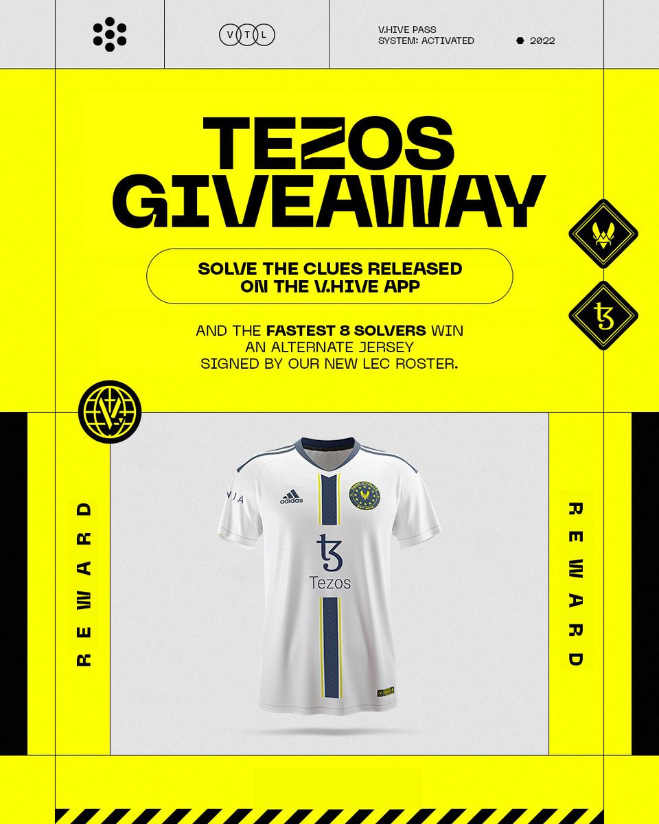 Win an Alternate Jersey signed by our new (to be announced tonight) LEC roster 🔥 Right after the announcement the quest releases on the V.Hive app (powered by @Tezos), but you have to be fast 👀 Download our app now to participate: vhive.page.link/install #TEZOSGIVEAWAY