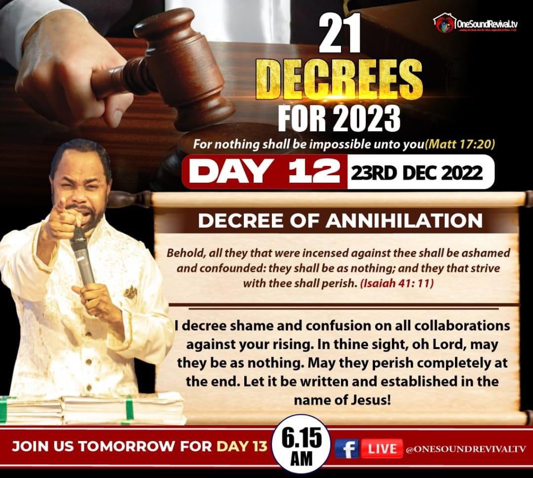MMichaels_'s tweet photo. Day 12: 21 Decrees for 2023
Scriptural text: Isaiah 41:11
Declare and say Amen!!!
Join Prophet Isaiah for 2023 seed prayers from Monday - Thursday on Facebook @Onesoundrevivaltv at 6:15am GMT+1
#prophetisaiahwealth
#gospelpillars
#praywiththeprophet
#2023seedprayers https://t.co/ltMR0qs6Ui