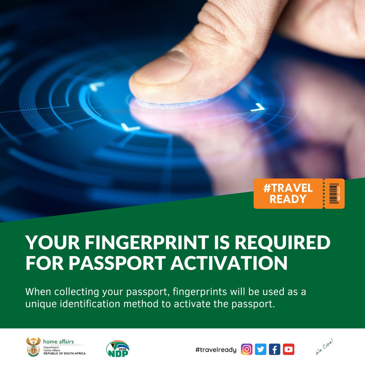 HomeAffairsSA's tweet photo. When collecting your #passport, fingerprints will be used as a unique identification method to activate the passport #TRAVELREADY https://t.co/1n1tbxOlo4