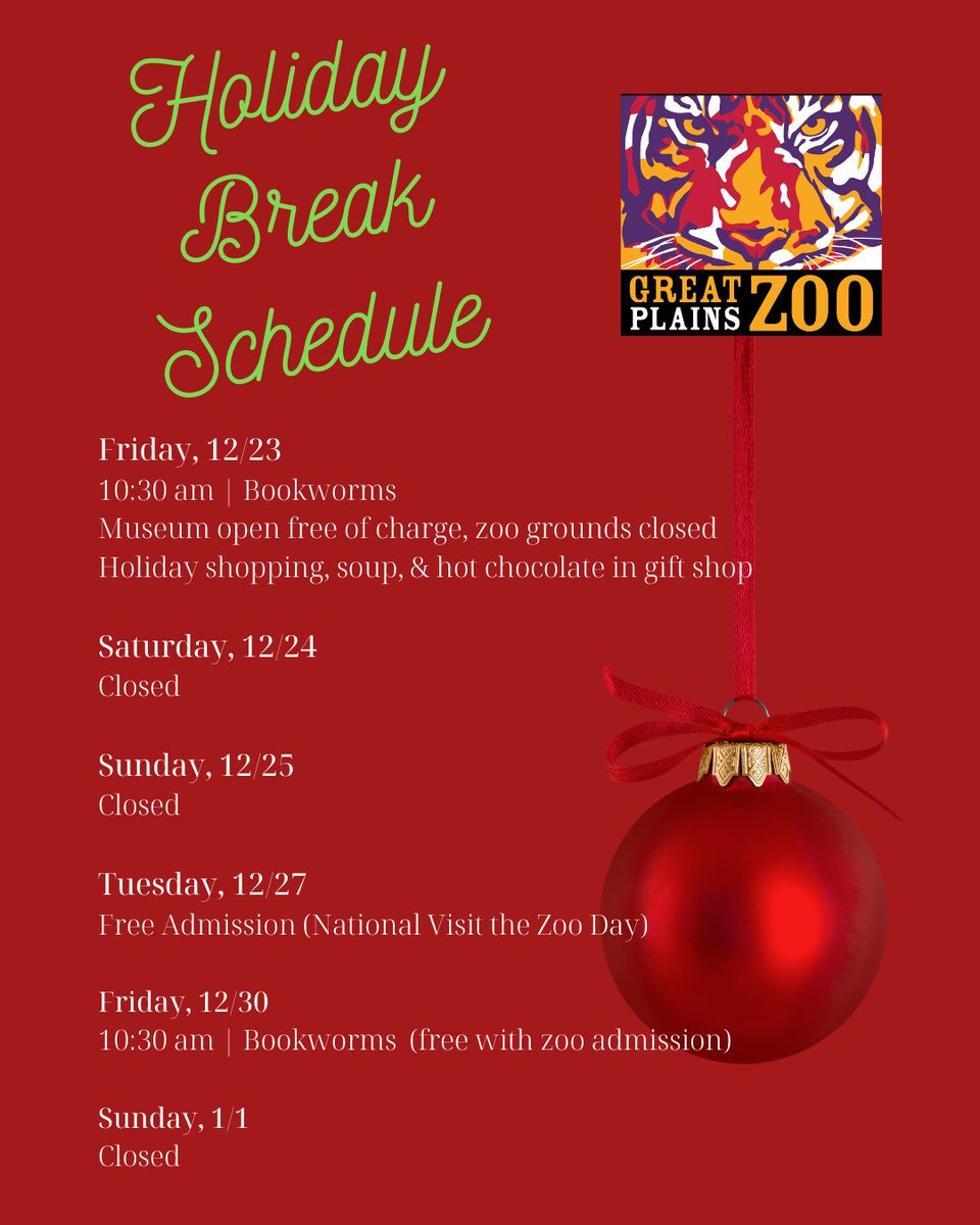 Zoo grounds are closed today, but our museum is open free of charge!

If you need to get the kiddos out of the house, Bookworms is happening at 10:30 (story, activity, animal encounter). 

We're closed Christmas Eve, Christmas Day, and New Year's Eve.