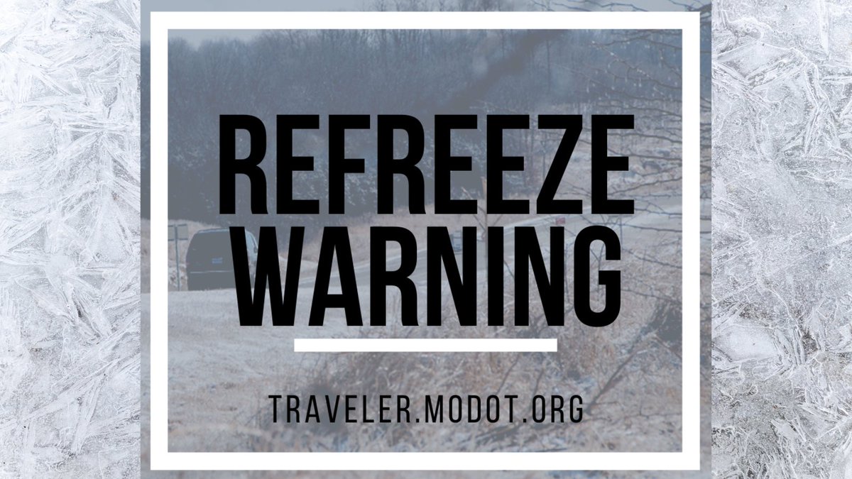 MoDOT's tweet photo. With temps this frigid, melted snow and wet roadways could refreeze overnight, creating slick conditions. Use extra caution and take it slow if you must travel. Bridges and overpasses are especially prone to black ice. Brake and steer gently. https://t.co/fvVRsDlqzr https://t.co/1NsERAklVk