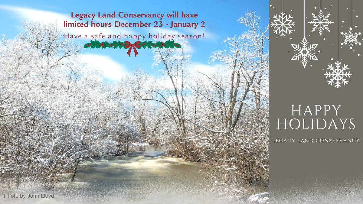 Legacy_Land's tweet photo. Happy Holidays from Legacy Land Conservancy. May the magic and wonder of the season fill your heart, mind, and soul with happiness. Wishing you peace and joy throughout the new year! 

Legacy will be closed from Dec 23-26. And then, closed from Dec 30-Jan 2 ❄️ https://t.co/0XBzYH8Cvr