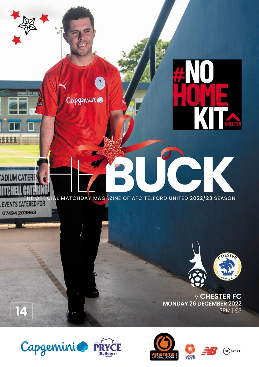 READ: Christmas means a visit from the man in red, and we have our own man in red, <a href="/NickT04/">Nick</a>, on the cover of our <a href="/plustwomedia/">Plus Two Media Ltd</a> match programme for the Boxing Day fixture with <a href="/ChesterFC/">Chester FC</a>, as we back <a href="/Shelter/">Shelter</a> and the #NoHomeKit campaign for a 2nd successive year 🔴🏠