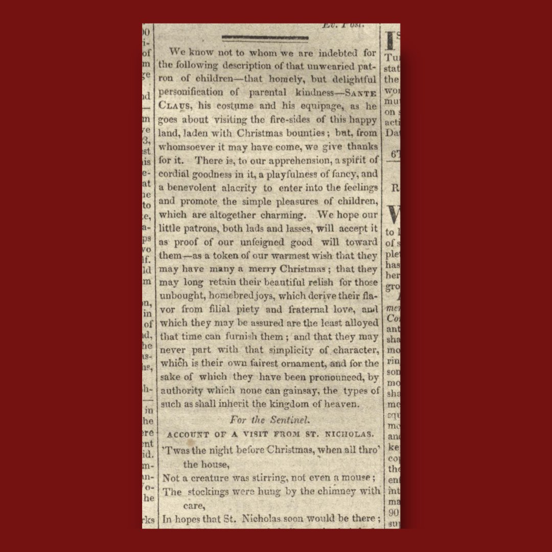 NYSLibrary's tweet photo. On this day 199 years ago, December 23, 1823, the #TroySentinel first published "Account of a Visit from St. Nicholas," better known as "'Twas the Night Before Christmas." 
#OTD #TheNightBeforeChristmas #StNicholas #TroyNY #ClementMoore #HenryLivingstonJr #Poetry #Poem https://t.co/jeRO636fy2
