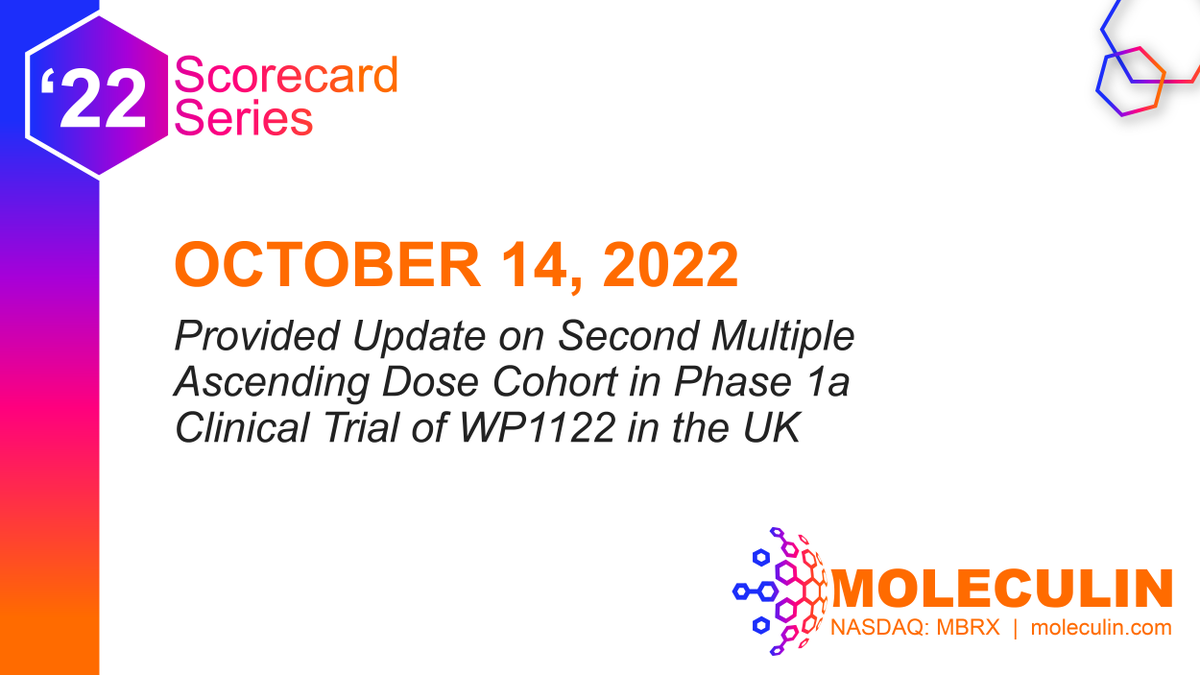 October 14, 2022: Provided Update on Second Multiple Ascending Dose Cohort in Phase 1a Clinical Trial of WP1122 in the UK. 

bit.ly/3DR4yBQ 
$MBRX #STSLungMets #Sarcoma #AcuteMyeloidLeukemia #Oncology