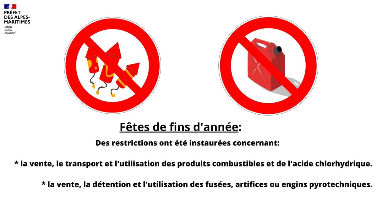 #Securité 
Pour assurer la sécurité des personnes et des biens à l'occasion des fêtes de fin d'année, <a href="/prefet06/">Préfet des Alpes-Maritimes🇫🇷</a> a pris un arrêté interdisant la vente, le transport des produits combustibles.
⚠️ Rappel: un arrêté pyrotechnie est toujours en vigueur.
➡️bit.ly/3Ggmc48