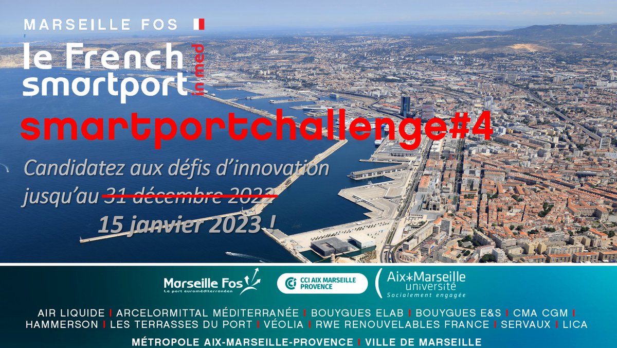 🚨 Délai supplémentaire accordé pour le dépôt des candidatures ! 🚨

Vous pouvez désormais candidater jusqu'au 15 janvier 2023 à l'un de nos 8 défis #SmartPortChallenge4 !
lnkd.in/drqnvDnk 
<a href="/marseille/">Ville de Marseille</a> <a href="/AMPMetropole/">Métropole Aix-Marseille-Provence</a> @univamu <a href="/CCI_AMP/">CCIAixMarseilleProvence</a> @gpmm