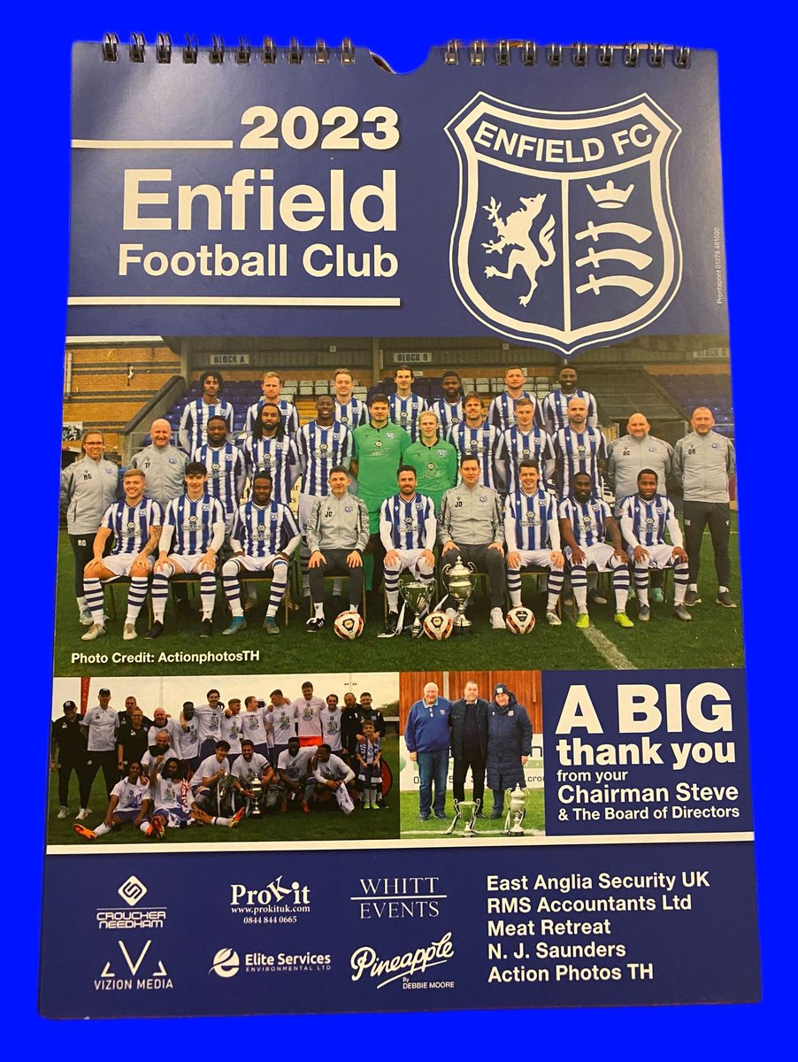 The excellent <a href="/EnfieldFC/">Enfield FC</a> 2023 Calendar has landed!! Courtesy of our AMAZING sponsors @CroucherNeedham MERRY CHRISTMAS ALL!! <a href="/WhittEvents/">WHITT EVENTS LIMITED</a> <a href="/whittsyboy123/">Dean Whittington</a> <a href="/LeeHanning/">Lee Hanning</a> <a href="/JamieCuro/">Jamie Cureton</a> <a href="/Jim1074/">Jim Duggan</a> <a href="/Foggyefc/">Terry Fogarty</a> <a href="/garyhart9/">gary hart</a> <a href="/simonneedham1/">Si Needham</a> <a href="/Conway82/">Conway8</a> <a href="/EssexSenior/">Essex Senior League</a> <a href="/ped1980/">Peter Dudley</a> <a href="/AshleyJHanson/">Ashley Hanson</a> <a href="/essexfootie/">'DW'</a>