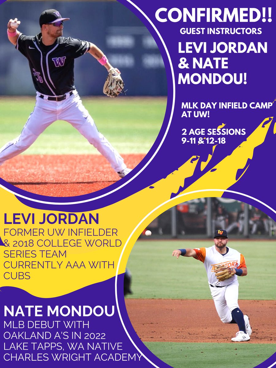 ‼️CONFIRMED GUEST INSTRUCTORS - MLK Infield Camp‼️ ✅@levijordan_ - Former UW infielder/2018 CWS Team & Currently AAA with @Cubs ✅@natemondou - MLB Debut in 2022 with @Athletics & Lake Tapps, WA native/Charles Wright Academy 🔗info.collegebaseballcamps.com/huskybaseball/