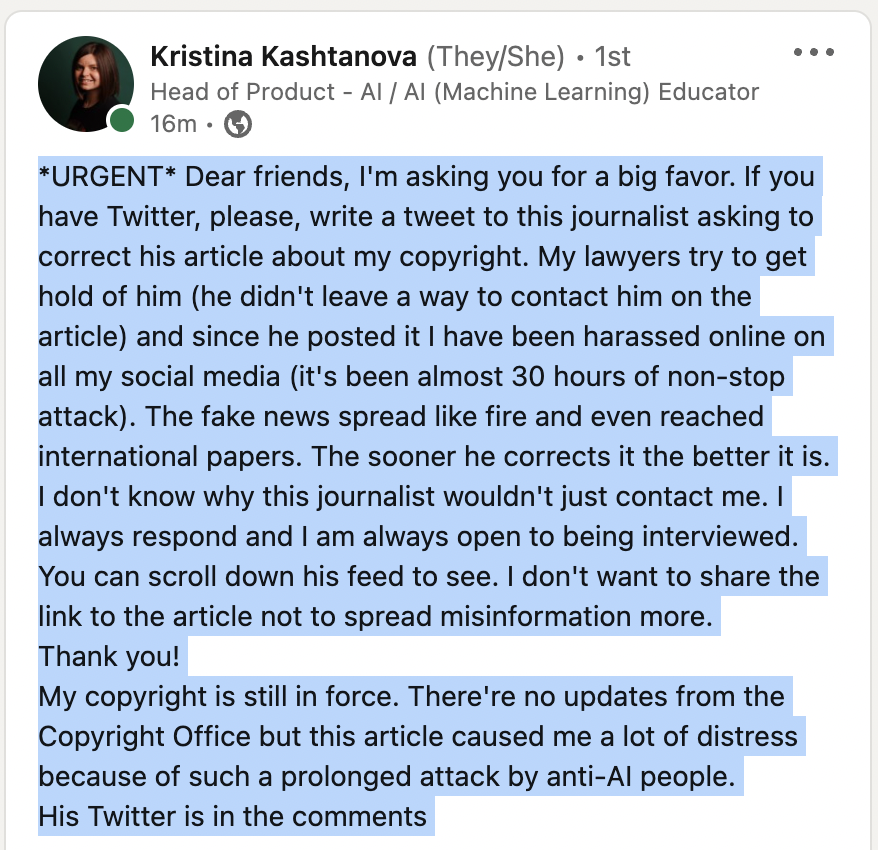 brandest_ai's tweet photo. @Brian_Cronin I'm tweeting on behalf of Kristina Kashtanova @icreatelife in hopes of getting the AI article updated. Thanks! :) https://t.co/u3ZInhoegJ