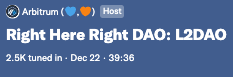 L2DAO_Intern's tweet photo. 2,500 tuned in, 40,000 views on Twitter, it would appear #Arbitrum and #Layer2DAO know how to capture some attention, wow!!! 🚀

Cheers to #L222 - #Layer2 is the now and the future, don't forget it! 

And don't forget it usually pays to be early! 😉

#L2DAO #ETH #DAOs $L2DAO $ETH https://t.co/sHYesxKhDF