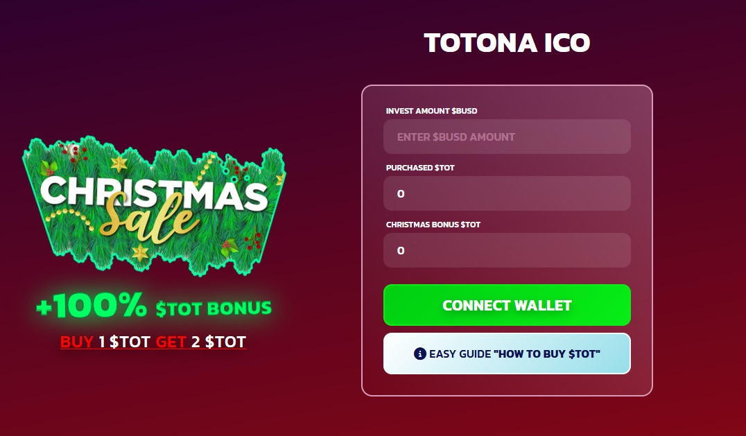 Merry Christmas. Team Totona is giving a one time opportunity to buy TOT tokens and get double amount of coins. LIMITED TIME OFFER.

BUY NOW: totona.io/tokensale/

#ICO #Crypto #TokenSale #MerryChristmas #bonus