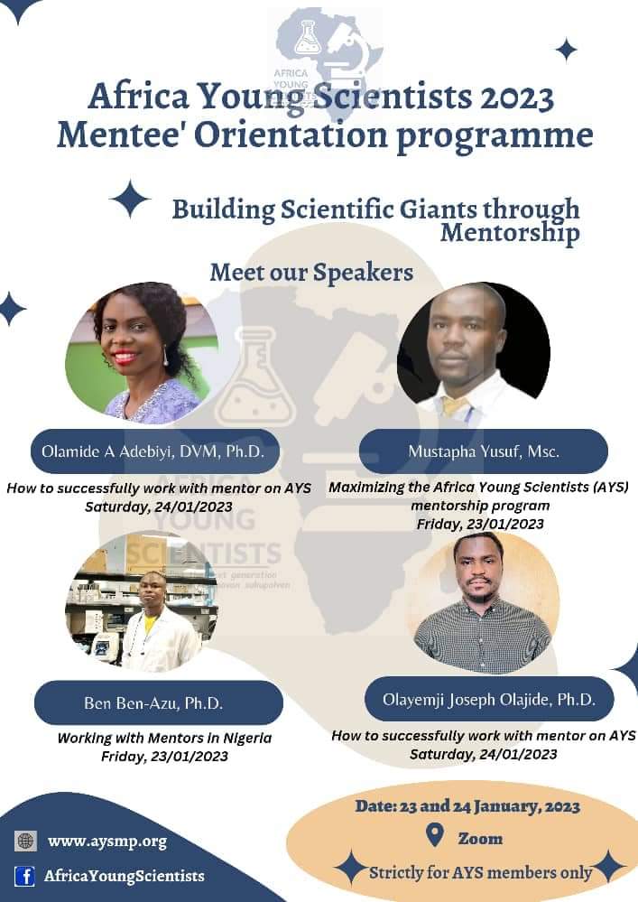 Mustaph24575110's tweet photo. Mark your calendars.

Africa Young Scientists will be holding her first Mentees' Orientation Program in 2023...

THEME : Building Scientific Giants Through Mentorship .

TIME : 5 P.M. WAT 

DATE :  January 23 and 24 https://t.co/WlCGgXLqQp