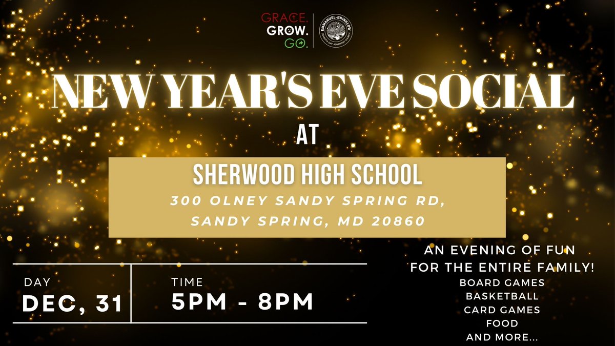 Let's get together and end the year having fun together. December 31st at 5pm, join us at Sherwood Highschool for an evening games and food for EVERYONE! 300 Olney Sandy Spring Rd, Sandy Spring, MD 20860. LET'S HAVE SOME FUN!
 #newyearseve #gamesandfun #Brinklow #brinklowchurch