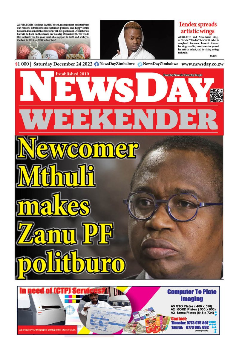NewsDay Zimbabwe on Twitter: 🔴Just published: front page of the #
