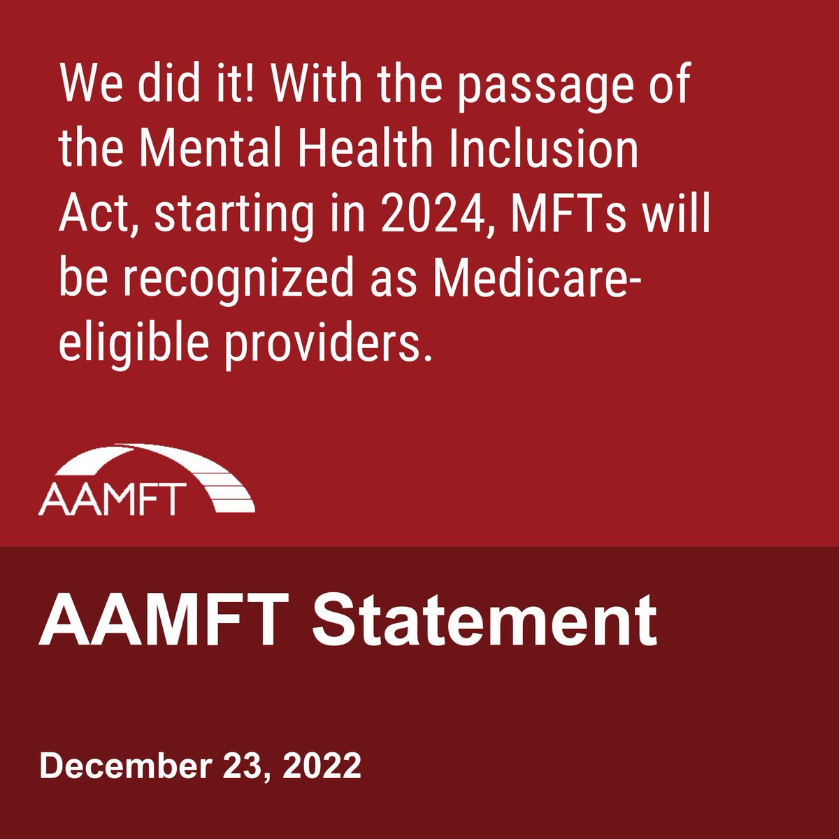 TheAAMFT's tweet photo. For over two decades, AAMFT, along with tens of thousands of MFTs, has advocated for this very deserved right to practice and serve a large population in need of mental health services. We are thrilled to announce that the Mental Health Access Improvement Act has passed! https://t.co/U6PwA0syKT