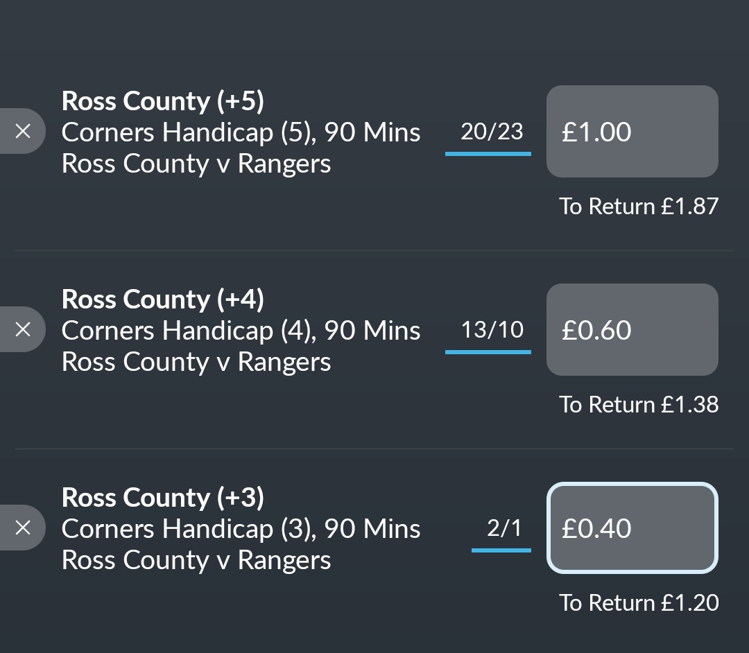 ApolloBettor's tweet photo. Ross County Vs Rangers
Corner handicap Train
Ross County +5 @ 1.87 
1 unit
Ross County +4 @ 2.3
0.6 unit
Ross County +3 @ 3.0
0.4 unit https://t.co/IIVVBWM8VC