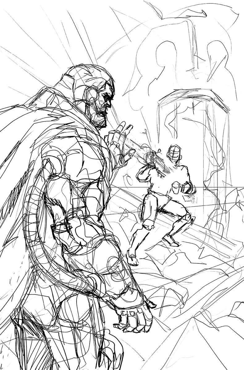 Step 2: still rough, but more detail. Now I'm drawing on a larger scale. I'm just setting up the shapes and positions at this spot. You'll notice that stuff will move around a bit by the time the drawing is finished 