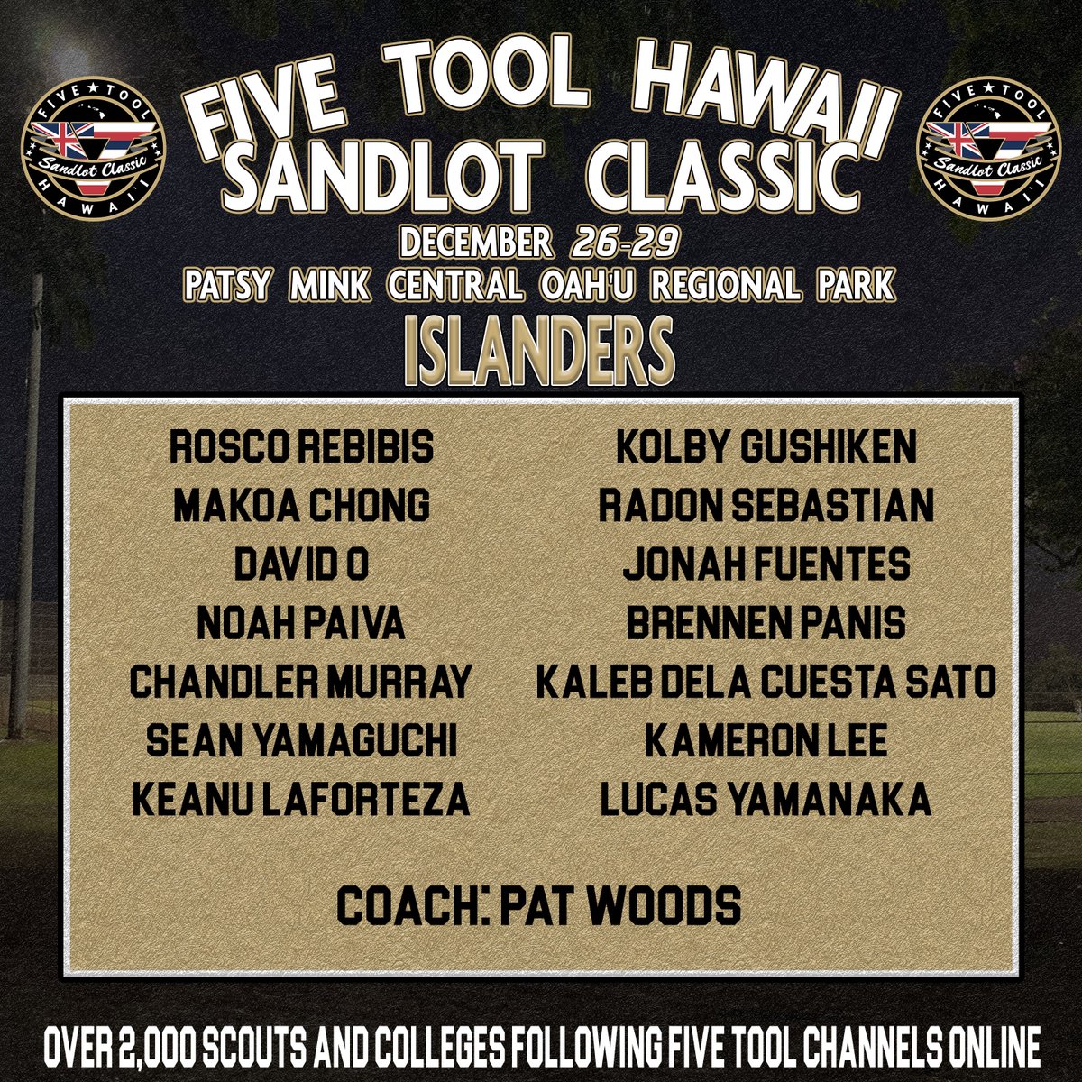 .<a href="/FiveTool/">Five Tool Baseball</a> Hawaii Sandlot Classic (<a href="/ClassicHawaii/">Hawaii Sandlot Classic</a>) Upperclass Teams

Islanders

Day 1 (Upperclass Group 1 showcase check-in at 11 AM, start at 12 PM)
Day 2-4: Games on Field 4

Event hub (teams, schedule, information) » events.fivetool.org/events/five-to…

#WatchEm