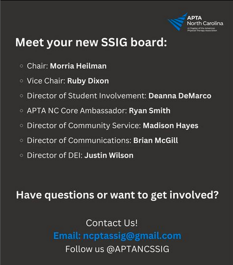 Congratulations to the new 2022-23 Student SIG Board- they are hard at work to make it a great year for all PT and PTA students in North Carolina 🎉

Learn more and get involved: aptancssig.wordpress.com