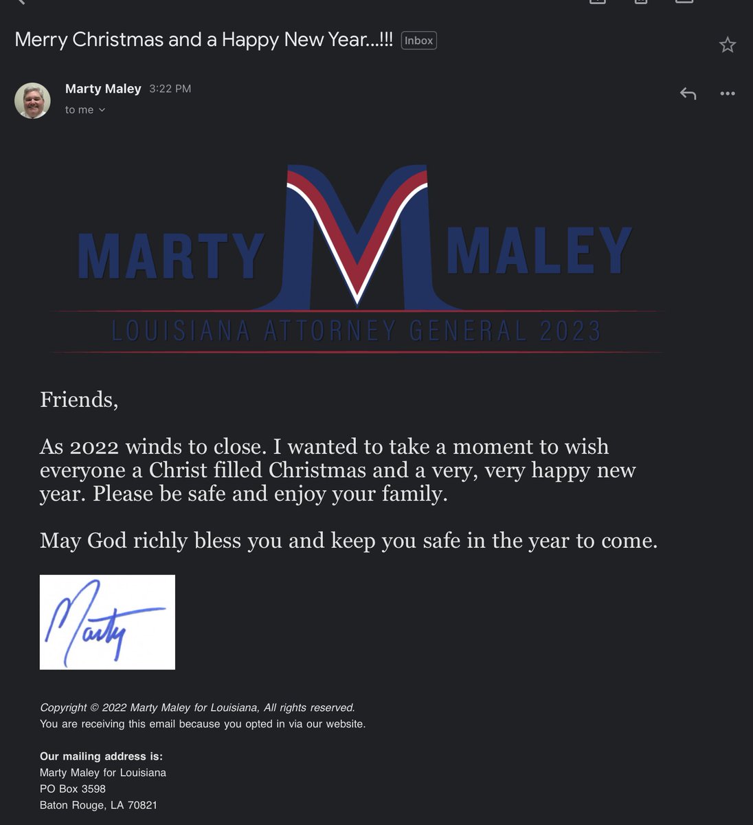 Not only did this candidate for Louisiana attorney General 2023 #Martymaley interrupt my peace w/ his politicking email, BUT he invoked Jesus Christ in relation to Christmas in the letter. (1/?)
#louisianapolitics #happyholidays #martymaley2023 #lalege