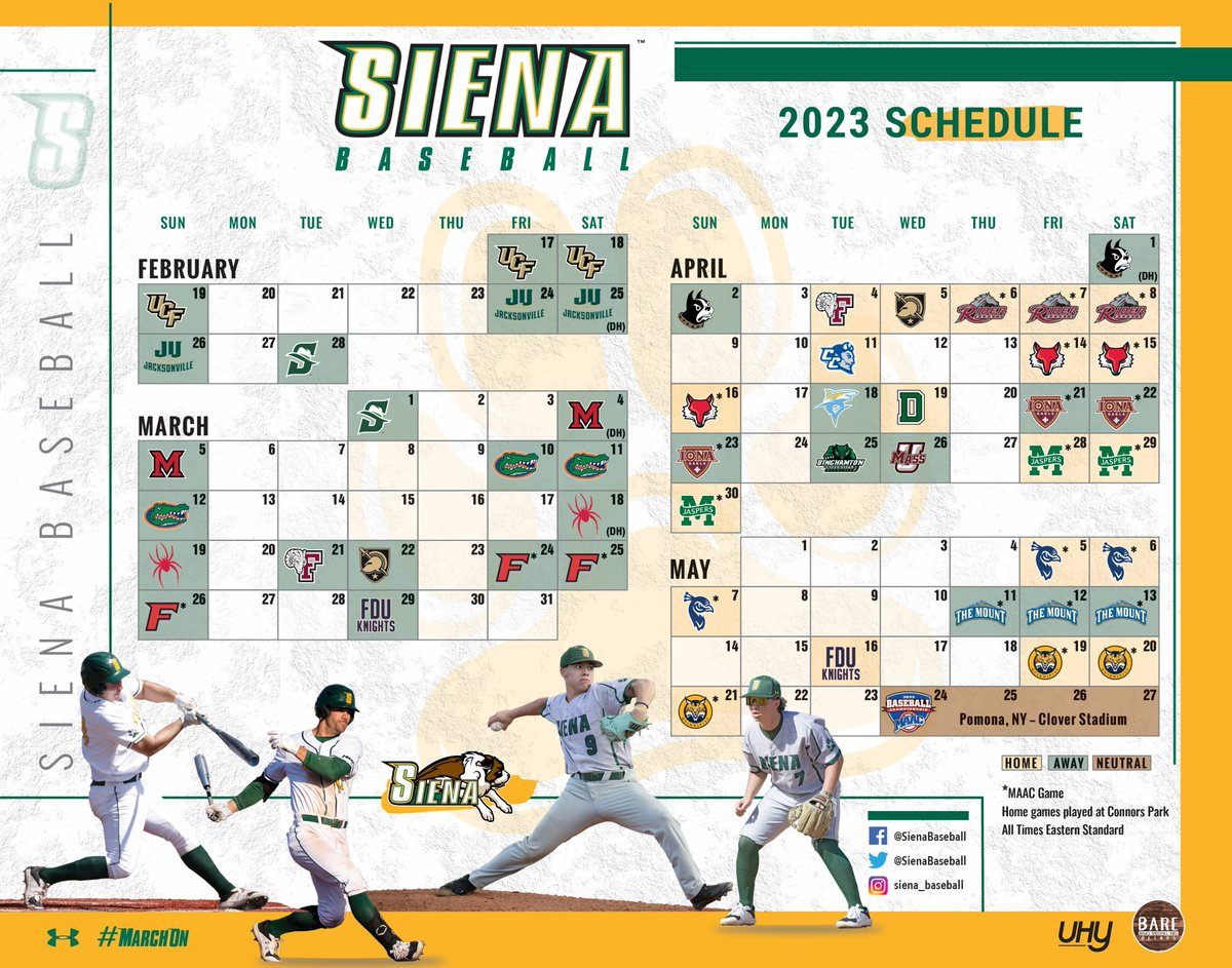 Siena Saints (@sienasaints) on Twitter photo 📅 2⃣0⃣2⃣3⃣ <a href="/SienaBaseball/">Siena Baseball</a> Schedule Drop ⬇️
⚾️ 1⃣7⃣ games at Connors Park
⚾️ 7⃣ matchups 🆚 4⃣ <a href="/NCAABaseball/">NCAA Baseball</a> squads
⚾️ Season long 9⃣-game homestand Apr. 4-16
📰 bit.ly/3FSveD4
#MarchOn | #SienaSaints | #MAACBaseball | #NCAABaseball 📅 2⃣0⃣2⃣3⃣ <a href="/SienaBaseball/">Siena Baseball</a> Schedule Drop ⬇️
⚾️ 1⃣7⃣ games at Connors Park
⚾️ 7⃣ matchups 🆚 4⃣ <a href="/NCAABaseball/">NCAA Baseball</a> squads
⚾️ Season long 9⃣-game homestand Apr. 4-16
📰 bit.ly/3FSveD4
#MarchOn | #SienaSaints | #MAACBaseball | #NCAABaseball