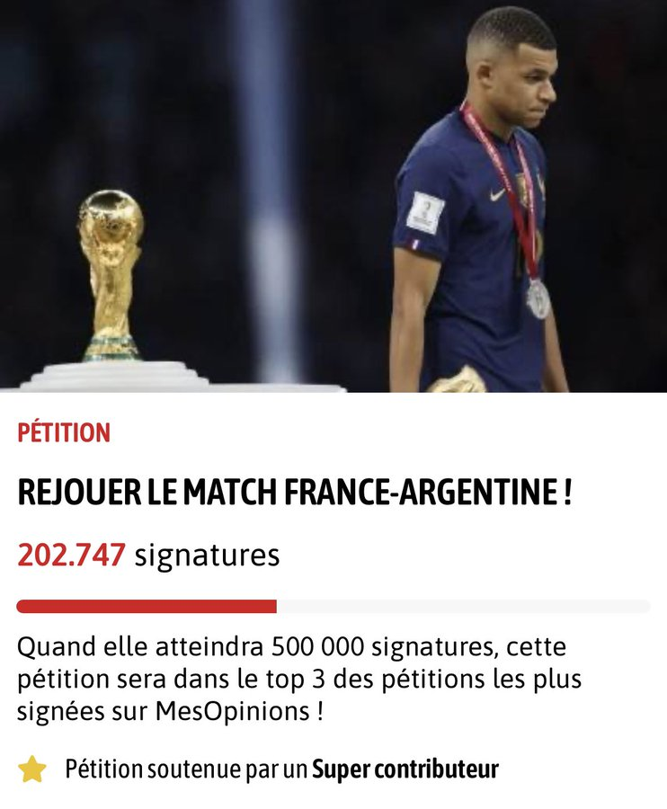 TorresErwerle's tweet photo. Los franceses quieren que se juegue de vuelta la final.

Hicieron una petición en una web y ya lleva 200.000 firmas. https://t.co/oM2im1E2vv