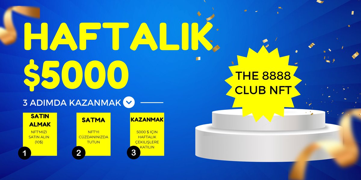 The8888Club's tweet photo. Haftalık 5000 $ ödül, NFT sahiplerimizin aldığı tek lüks değil. 3 kolay adım: https://t.co/5NMxYK02Aj 

#NFT  #NFTCommunity https://t.co/ABPxZA7sUb
