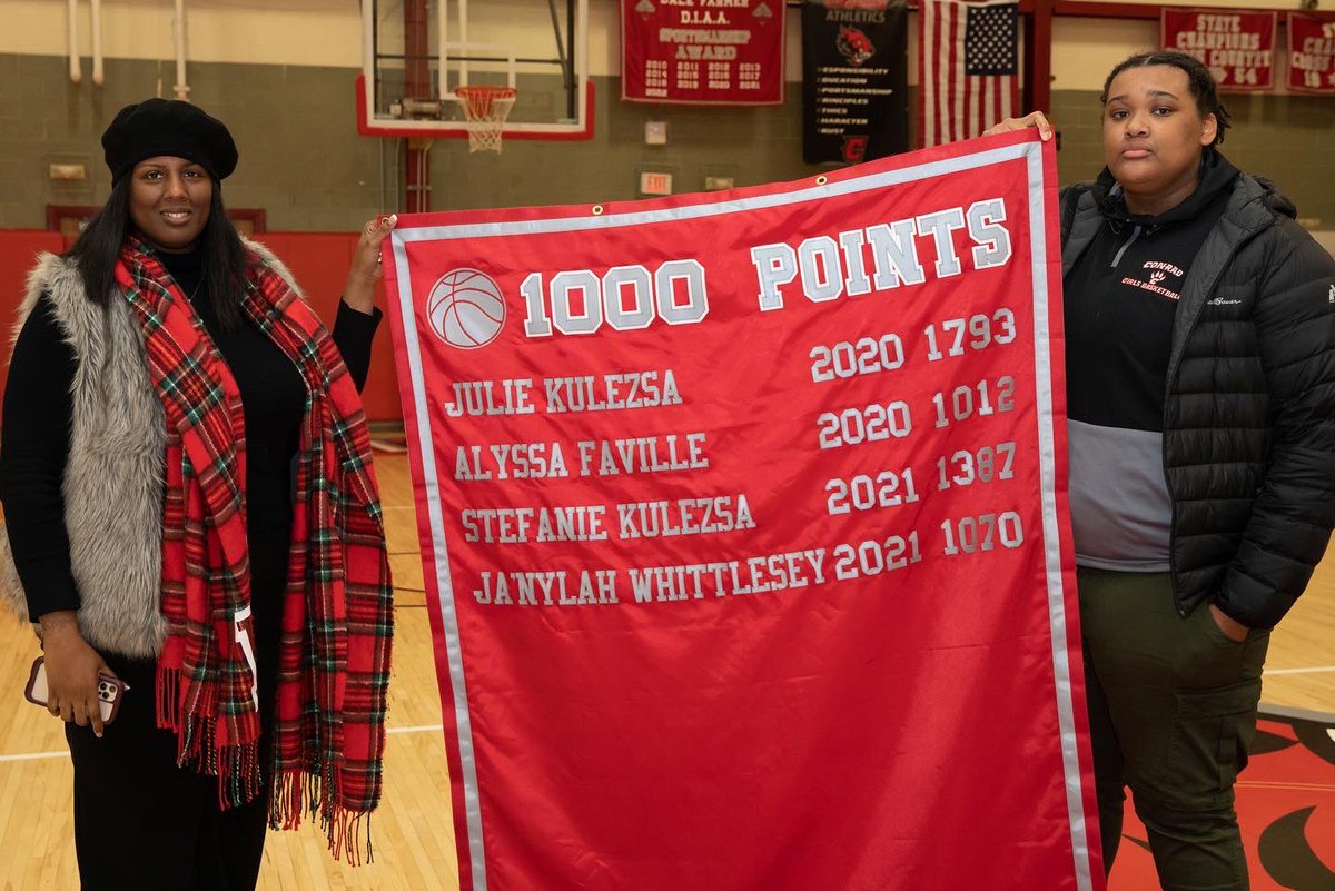 ConradAthletics's tweet photo. Congratulations to our Conrad Basketball Alumni who were recognized last night for being Conrad 1,000 Point Scorers. Alyssa Faville (1012) Ny Whittlesey (1070), Stef Kulesza (1387), and Julie Kulesza (1793) now have their banner hanging in the gym! #conradway https://t.co/lDlJY5wGDR