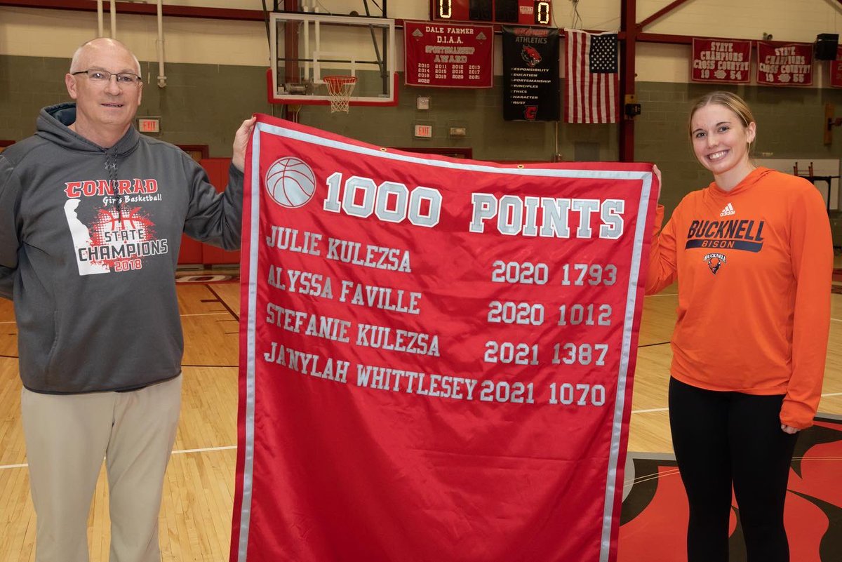 ConradAthletics's tweet photo. Congratulations to our Conrad Basketball Alumni who were recognized last night for being Conrad 1,000 Point Scorers. Alyssa Faville (1012) Ny Whittlesey (1070), Stef Kulesza (1387), and Julie Kulesza (1793) now have their banner hanging in the gym! #conradway https://t.co/lDlJY5wGDR