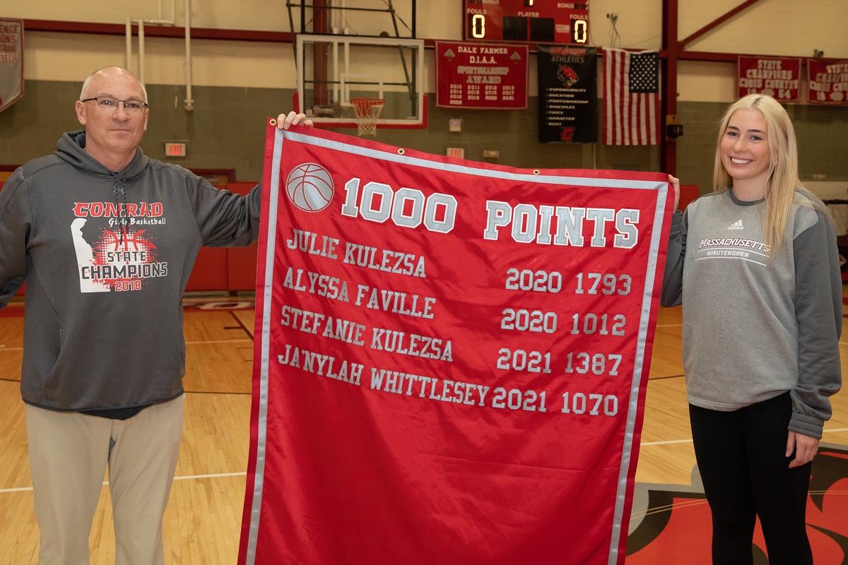 ConradAthletics's tweet photo. Congratulations to our Conrad Basketball Alumni who were recognized last night for being Conrad 1,000 Point Scorers. Alyssa Faville (1012) Ny Whittlesey (1070), Stef Kulesza (1387), and Julie Kulesza (1793) now have their banner hanging in the gym! #conradway https://t.co/lDlJY5wGDR
