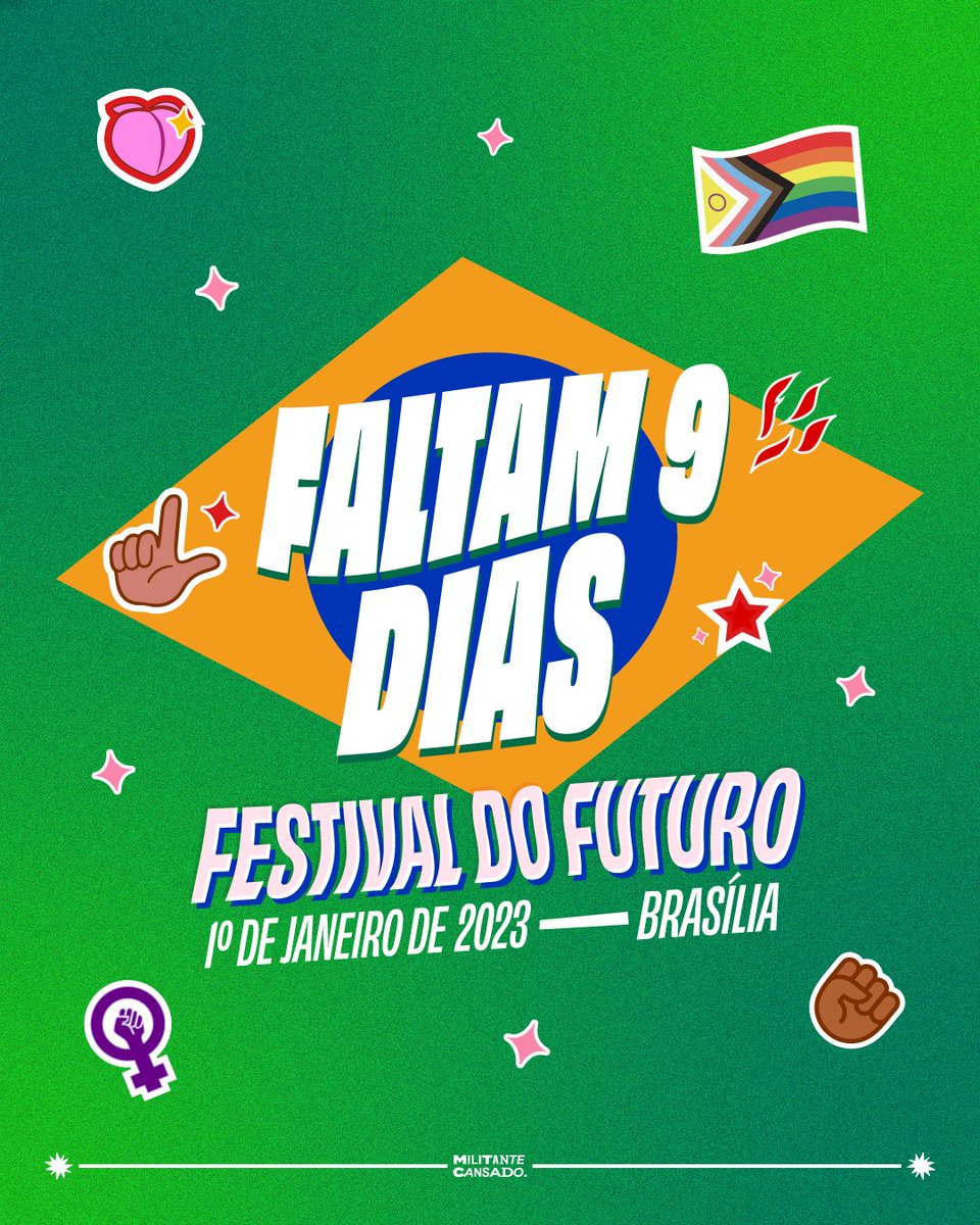 militantcansado's tweet photo. 9 dias pra posse de @LulaOficial e pra mandar Jair Embora de uma vez por todas. Quem vem pro Festival do Futuro?
#lulaverso #designativista #aalegriavaitomarposse #lula #festivaldofuturo https://t.co/zXZUe793bK