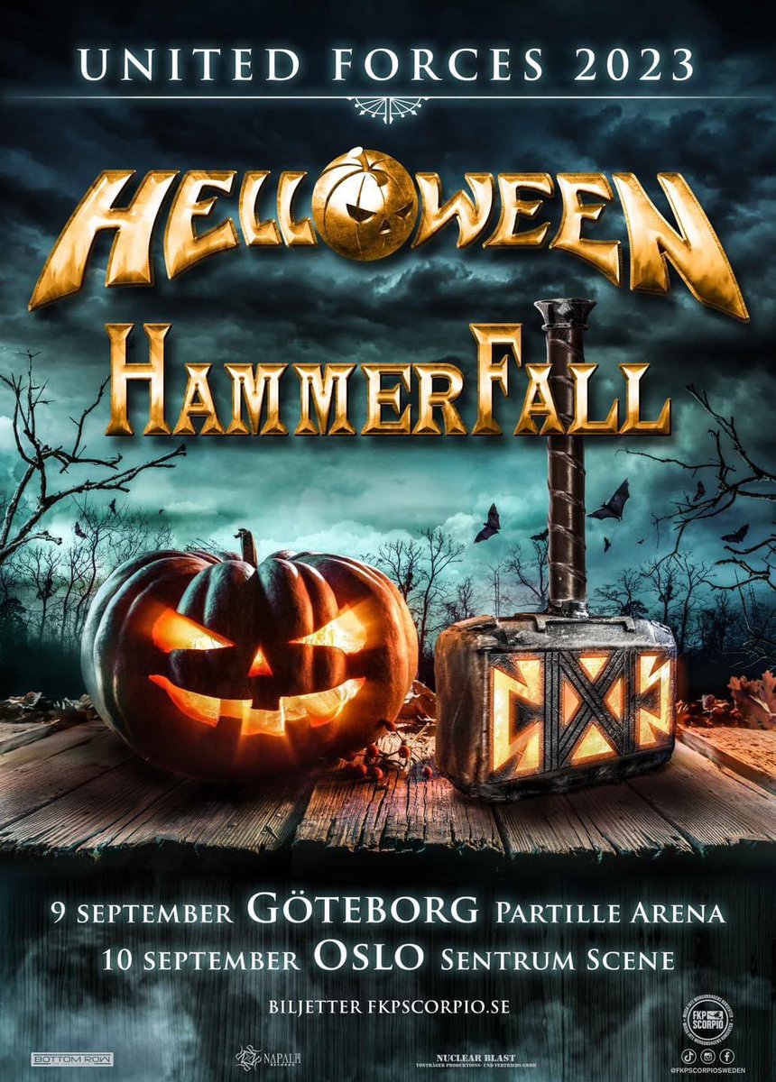 HammerFall's tweet photo. Skandinaviengig framflyttade! 🎃🔨
FKP Scorpio tar över arrangemanget och spelningarna har fått nya datum. Biljetter köper du på https://t.co/c7mUjfOOdM. God jul!🎄
#HammerFall #HeavyMetal #Helloween #UnitedForces #PartilleArena #Göteborg #Sverige #SentrumScene #Oslo #Norge https://t.co/ujXx0GieqL